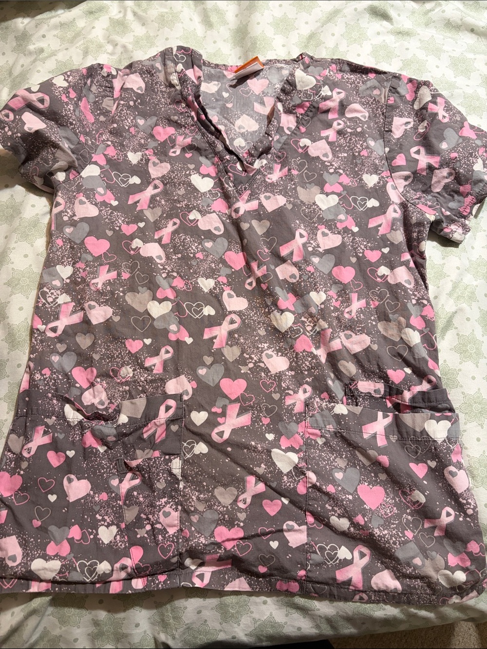 Barco Uniforms Pink Ribbon Heart Print Short Sleeve Scrub Top
